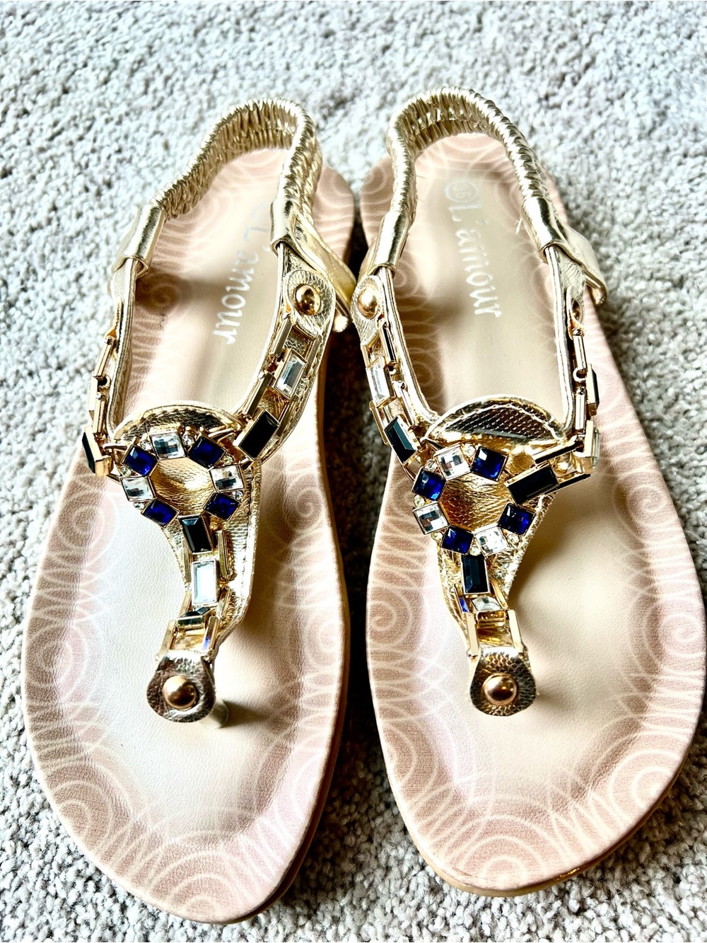 L'Amour Gold Jeweled Women's T-Strap Comfort Flats - Size EU 36 (5.5-6.0), NWOT